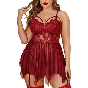 3531 Plus Size Lingerie 2 Piece Set Spaghetti Straps Sexy Night Gowns